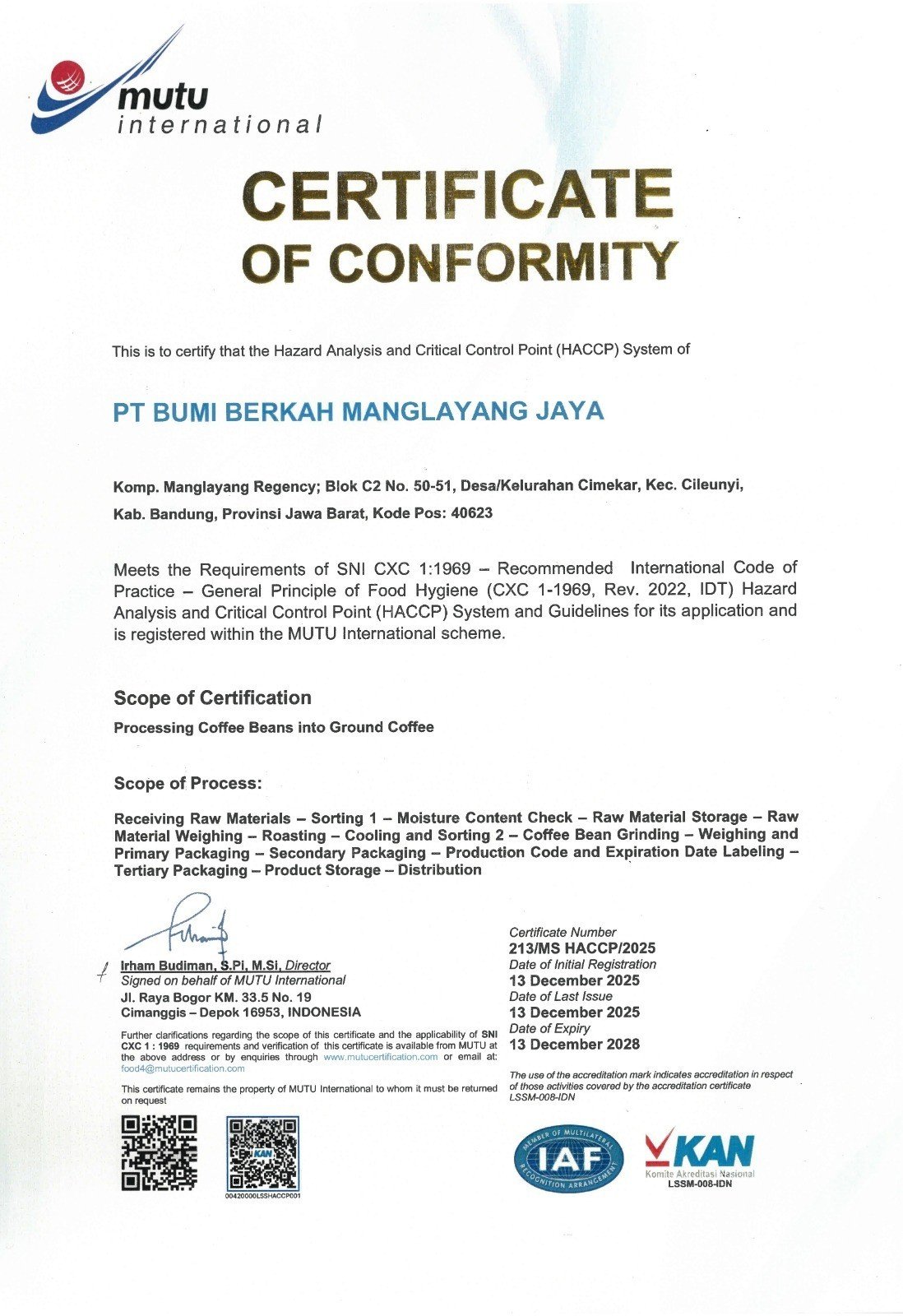 MUTU International HACCP Certificate of Conformity for PT Bumi Berkah Manglayang Jaya coffee processing, valid until December 2028