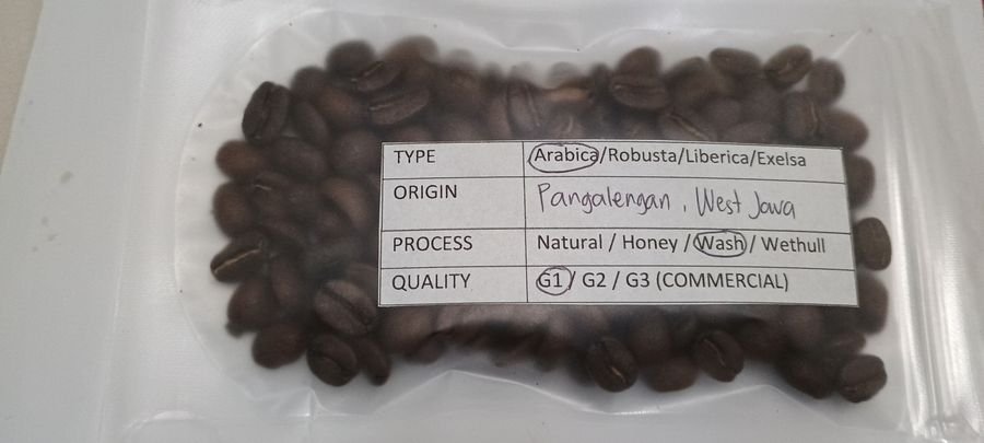 February 2026 Pangalengan West Java coffee sample with specification label