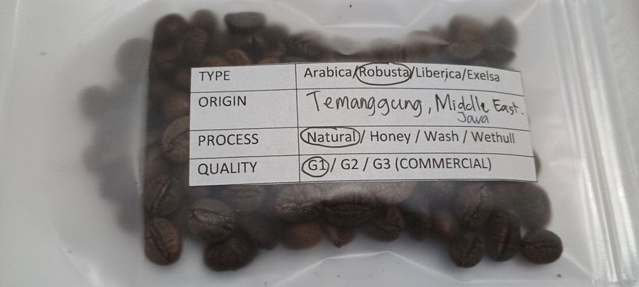 February 2026 Temanggung Java coffee sample with process and grade label