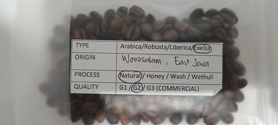 Wonosalam East Java coffee sample packet photographed in February 2026