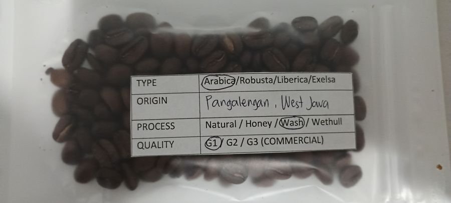 Pangalengan West Java coffee sample packet photographed in February 2026