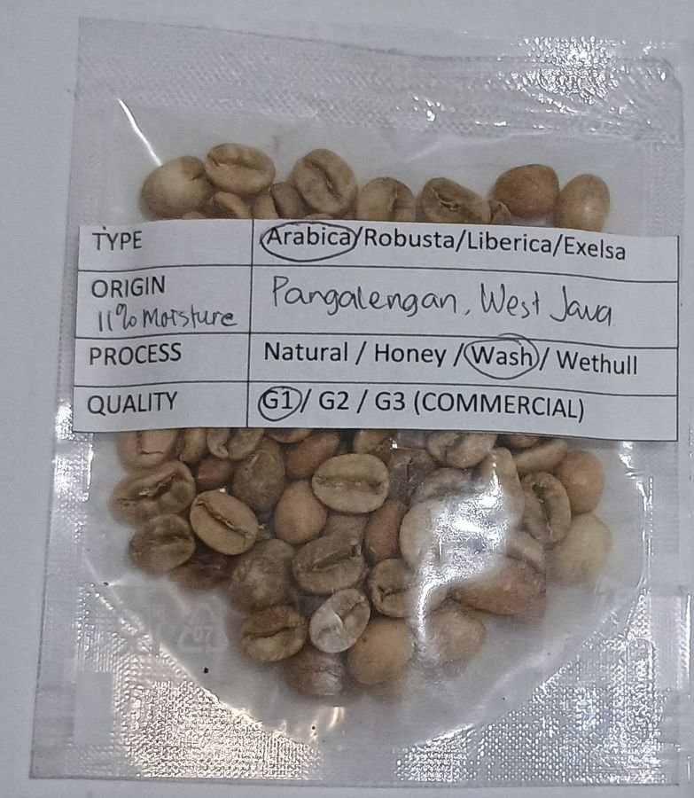 Toraja Sulawesi coffee sample packet photographed in February 2026