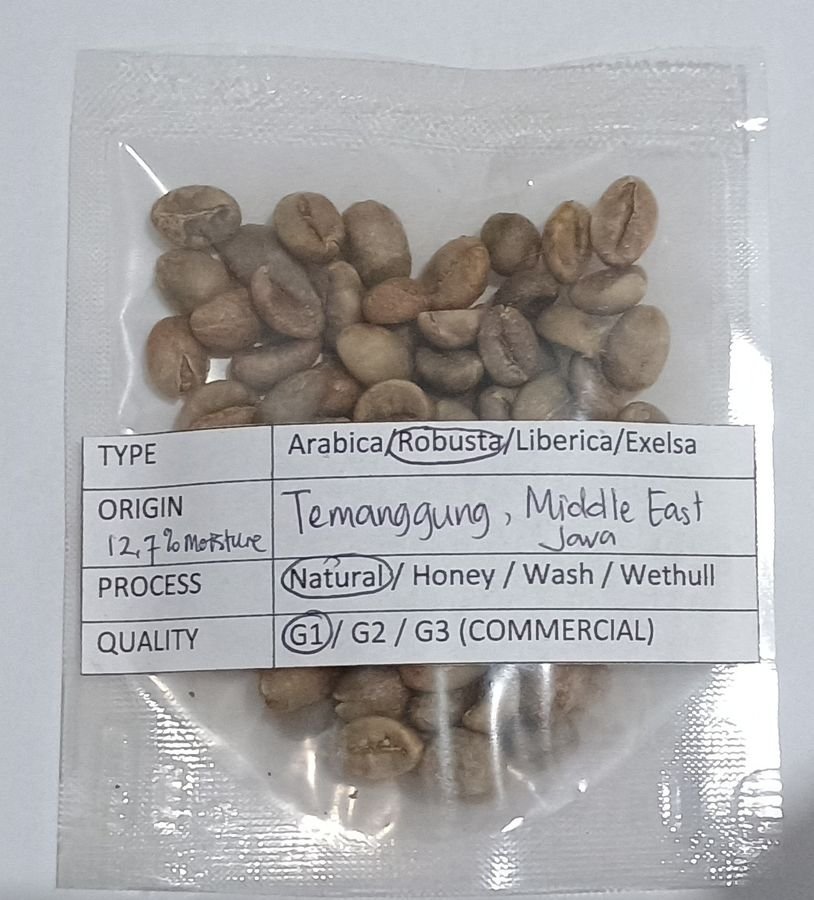Temanggung Java coffee sample packet photographed in February 2026