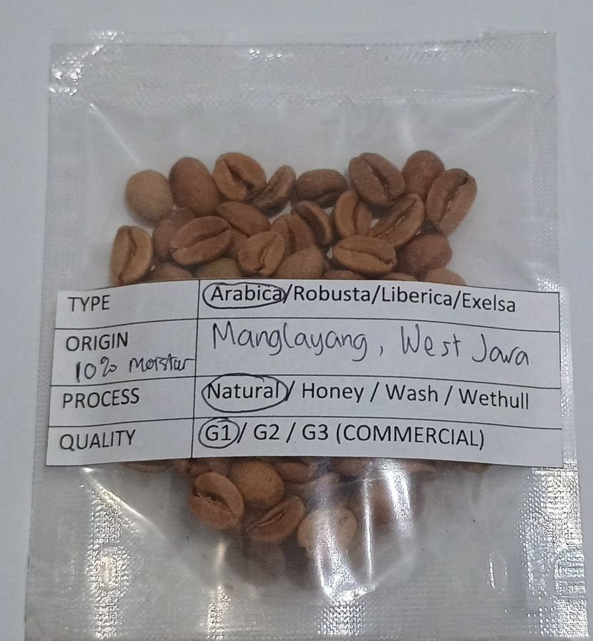 Manglayang West Java coffee sample packet photographed in February 2026