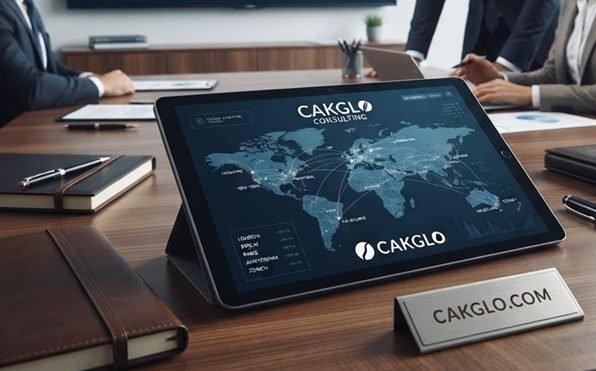 Cakglo consulting in the boardroom — global supply-chain strategy reviewed on a tablet