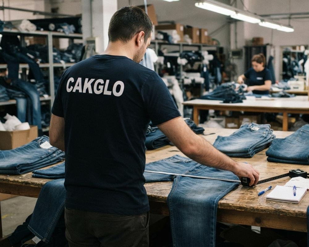 Cakglo inspector measuring garments during a quality inspection at an apparel factory