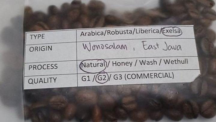 Labelled coffee sample bag from Wonosalam, East Java