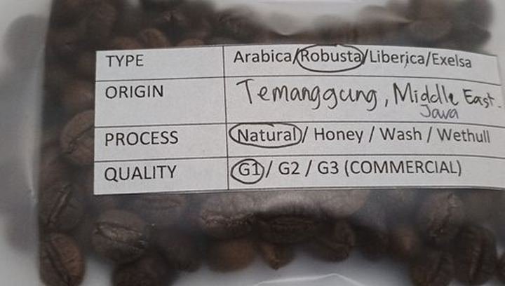 Labelled Robusta coffee sample bag from Temanggung, Central Java