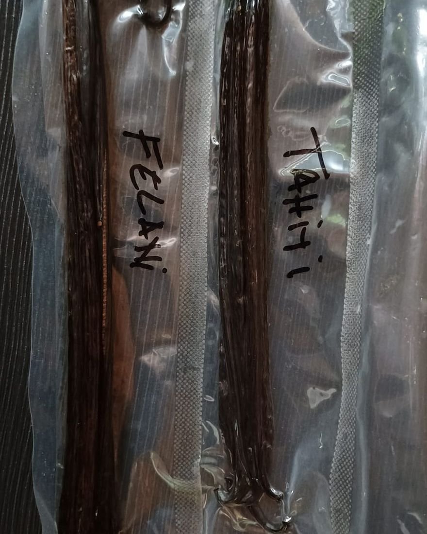 Vacuum-packed gourmet vanilla beans labelled by variety — Tahiti and Felani